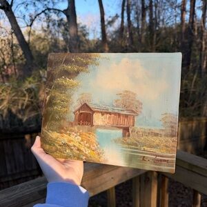 Vintage Original Oil Painting Covered Bridge Landscape Signed L. Swim 10x8